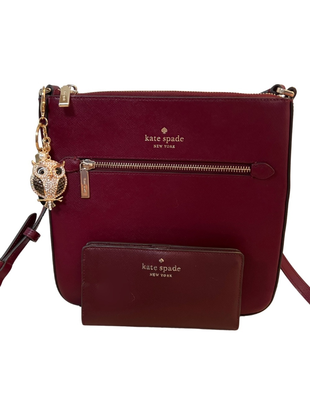 Kate Spade Burgundy Saffiano Leather Crossbody Bag with Matching Wallet